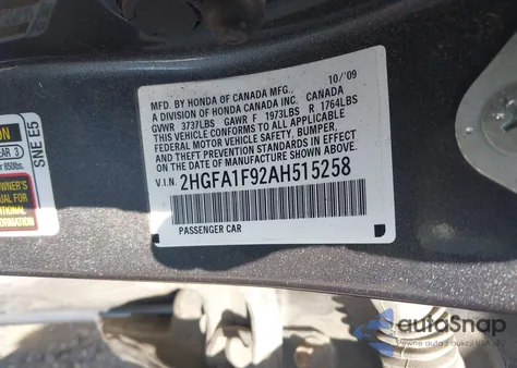 2010 Honda Civic Ex-L from USA, damaged, VIN 2HGFA1F92AH515258